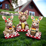 Joyful Picnic Gathering Bunny Trio Set of Three Figurines, Spring Rabbit Statue 4.5" Decor