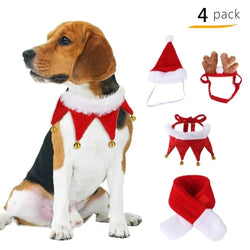 AnniePaw 4 Pcs Dog Christmas Set - Washable Scarves and Hats