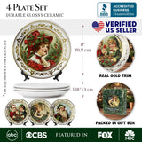 Victorian Elegance Set of 4 Plates with Real Gold Trim, Holiday Christmas Red and Green Tableware Collection