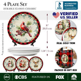 Decor Steals Special -  Holiday Cheer Set of 4 Plates with Real Gold Plaid Trim, Christmas Tableware Collection for Salad, Dessert, Appetizer, and Side Plates