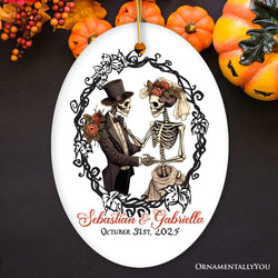 Vintage & Artistic Skeleton Wedding Custom Ornament, First Halloween Married Custom Gift