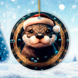 Cute Otter with Santa Hat Coastal Christmas Ornament