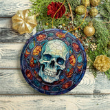 Ghastly Grin Spooky Halloween Skull Stained Glass Style Ceramic Ornament, Halloween Themed Christmas Gift and Decor