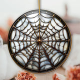 Golden Arachnid Haunt Intricate Spider Web Stained Glass Style Ceramic Ornament, Halloween Themed Christmas Gift and Decor