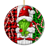 Green Christmas Gnome Festive Holiday Ceramic Ornament, Candy Cane and Plaid