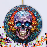 Grim Guardian Haunting Skull Stained Glass Style Ceramic Ornament, Halloween Themed Christmas Gift and Decor