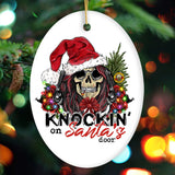 Knockin on Santa’s Door Gritty Rock Style Christmas Ornament, Rebellious Gunslinger Skull and Roses