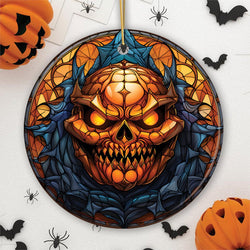 Pumpkin Skull with Glowing Red Eyes Stained Glass Style Ceramic Ornament, Halloween Themed Christmas Gift and Decor