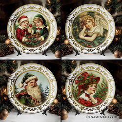 Victorian Elegance Set of 4 Plates with Real Gold Trim, Holiday Christmas Red and Green Tableware Collection