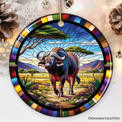 African Buffalo Wildlife Encounter Stained Glass Style Ceramic Ornament, Safari Animals Christmas Gift and Decor