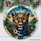 African Leopard Expedition Stained Glass Style Ceramic Ornament, Safari Animals Christmas Gift and Decor