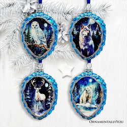 Arctic Animal Illustration Pinecone Glass Christmas Ornament Set