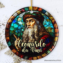 Artistic Leonardo da Vinci Self-Portrait in Stained Glass Themed Christmas Ornament, Medieval Renaissance Italy Keepsake