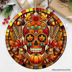 Autumn Harvest Sugar Skull Ornament, Vibrant Fall Foliage Christmas Gift and Decor