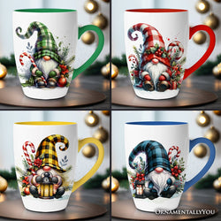 Cheerful Holiday Gnome Eclectic Ceramic Mug Set of 4, Christmas Coffee Cups for a Tableware Gift