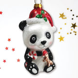 Cute Panda with Santa Hat and Gift Blown Glass Christmas Ornament