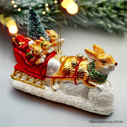 Enchanting Hare and Sleigh Glass Christmas Ornament, Elegant Hand Blown Tree Decor