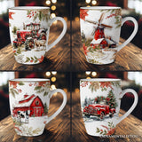 Fancy Farmhouse Holiday Set of 4 Ceramic Mugs with Real Gold Trim, Rustic Christmas Kitchen Coffee Cup Decoration