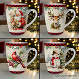 Festive Country Plaid Set of 4 Ceramic Mugs with Real Gold Trim, Christmas Kitchen Coffee Cup Gift with Santa, Cardinal, Deer, and Snowman