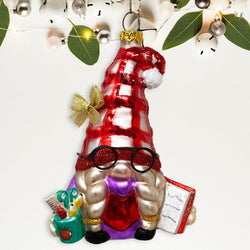 Festive Teacher Gnome Glass Christmas Ornament, Holiday Tree School Gift