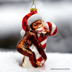 Cute Monkey with Candy Cane Glass Christmas Ornament, Adorable Chimp Holiday Tree Decor