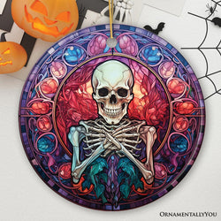 Ghastly Grins Haunted Halloween Skeleton Stained Glass Style Ceramic Ornament, Halloween Themed Christmas Gift