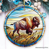 Great Plains Bison Stained Glass Themed Ceramic Ornament, Nature of the American Wild West