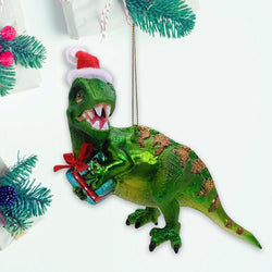 Green Christmas T-Rex Glass Ornament