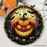 Grim Grinning Gourd Pumpkin Decor Stained Glass Style Ceramic Ornament, Halloween Themed Christmas Gift