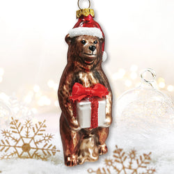 Grizzly Bear with Santa Hat and Gift Glass Christmas Ornament