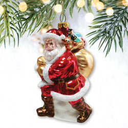 Holly Jolly Santa Claus with Gift Bag and Toys Blown Glass Christmas Ornament