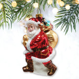 Holly Jolly Santa Claus with Gift Bag and Toys Blown Glass Christmas Ornament