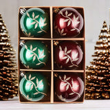 Majestic Gold Glittered Floral Bauble Christmas Ornament Set, 6 Pieces of Maroon and Green Round Tree Balls