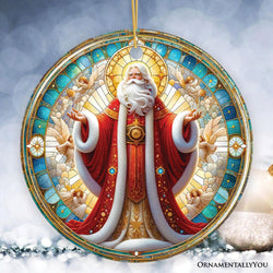 Majestic Holy Santa Stained Glass Themed Ceramic Ornament, Handcrafted Angelic Christmas Decor