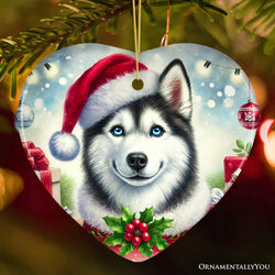 Merry Holly Berry Siberian Husky Ornament, Whimsical Christmas Tree Decor