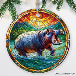 Mighty Hippopotamus Stained Glass Style Ceramic Ornament, African Animals Christmas Gift and Decor