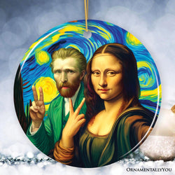 Mona Lisa And Vincent Van Gogh Starry Night Date Selfie Ceramic Ornament, Famous Art Decor And Souvenir