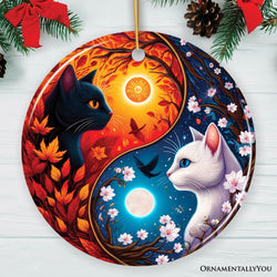 Mystical Seasons Yin and Yang Cats Ceramic Ornament, Gift for White and Black Kitten Lovers