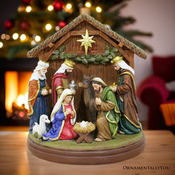 Radiant Nativity Scene Handcrafted Statue Figurine, 7" Birth of Jesus Christian Home Decoration