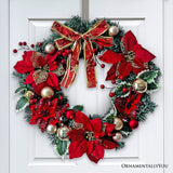 Refined Red and Gold 20" Christmas Wreath, Poinsettias, Ribbons and Ornament Baubles