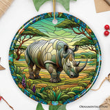 Rhinoceros Realm Expedition Stained Glass Style Ceramic Ornament, African Animals Christmas Gift and Decor