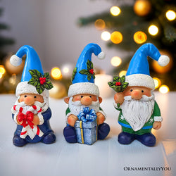 Sky Blue Hat Festive Holiday Gnome Set of Three Miniature Christmas Tabletop Figurine Statues