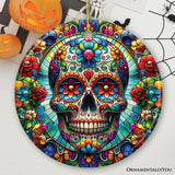 Sugar Skull Stained Glass Themed Ceramic Ornament, Day of the Dead Mexican Christmas Gift