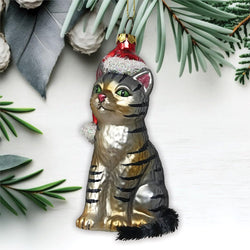 Tabby Cat with Santa Hat Glass Christmas Ornament