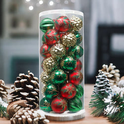 Uniquely Patterned Christmas Bauble Set, 35 Ornaments with Red, Green, and Gold