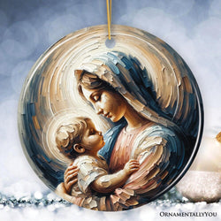 Virgin Mary and Baby Jesus Gentle Embrace Ceramic Ornament, Iconic Oil Painting Gift And Decor