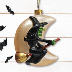 Wicked Witch and Crescent Moon Glass Christmas Ornament, Spooky Halloween Gift