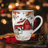 Fancy Farmhouse Holiday Set of 4 Ceramic Mugs with Real Gold Trim, Rustic Christmas Kitchen Coffee Cup Decoration