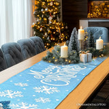 Gracefully Artful Winter Cabin 72" Table Runner, Merry Christmas Blue Rectangle Tablecloth with Snowflakes