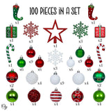 Mega Elf Christmas Ornament Bundle Set, 100 Assorted Baubles of Greens, Reds, Candycanes, and Gift Boxes